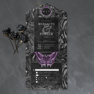 Invitation Tout En Un Mariage de Nuit Gothique Noir Violet Filigrane