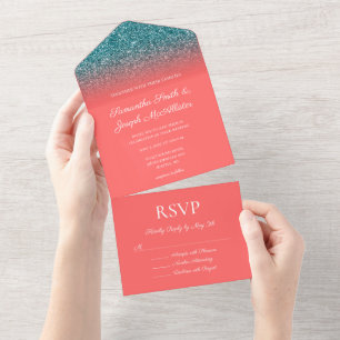 Invitation Tout En Un Mariage de Parties scintillant de corail et Ombre 