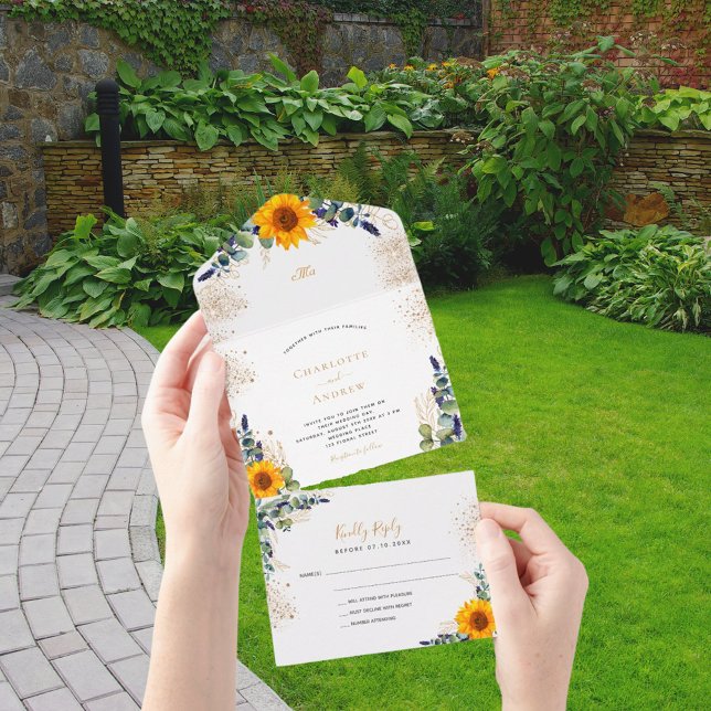 Invitation Tout En Un Mariage de parties scintillant de tournesol Eucaly (Créateur téléchargé)