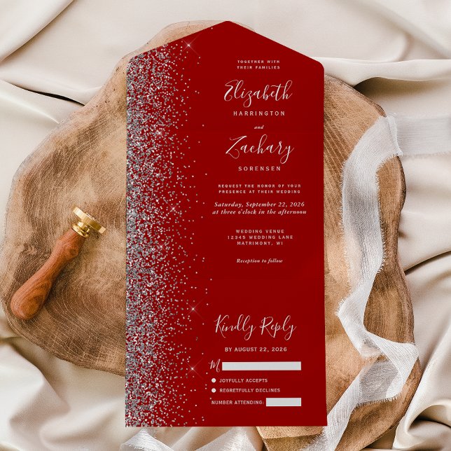 Invitation Tout En Un Mariage de Parties scintillant en argent rouge Cri (Créateur téléchargé)