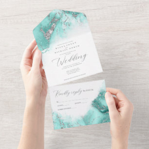 Invitation Tout En Un Mariage de Parties scintillant en marbre Turquoise