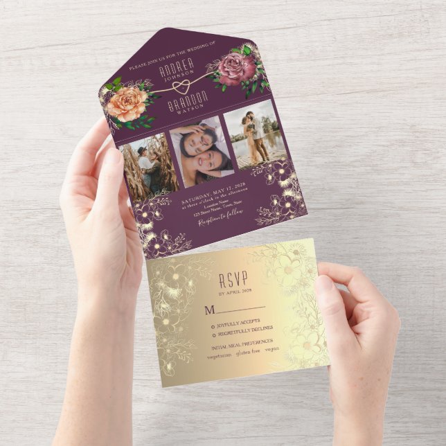Invitation Tout En Un Mariage de photos violettes (Déchirure)