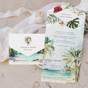 Invitation Tout En Un Mariage de plage de palmiers tropicaux