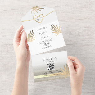 Invitation Tout En Un Mariage de plage doré avec palmiers tropicaux
