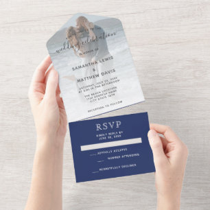 Invitation Tout En Un Mariage de plage photo élégant bleu marine