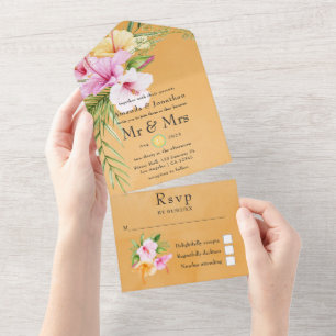 Invitation Tout En Un Mariage de plage tropical floral aquarelle