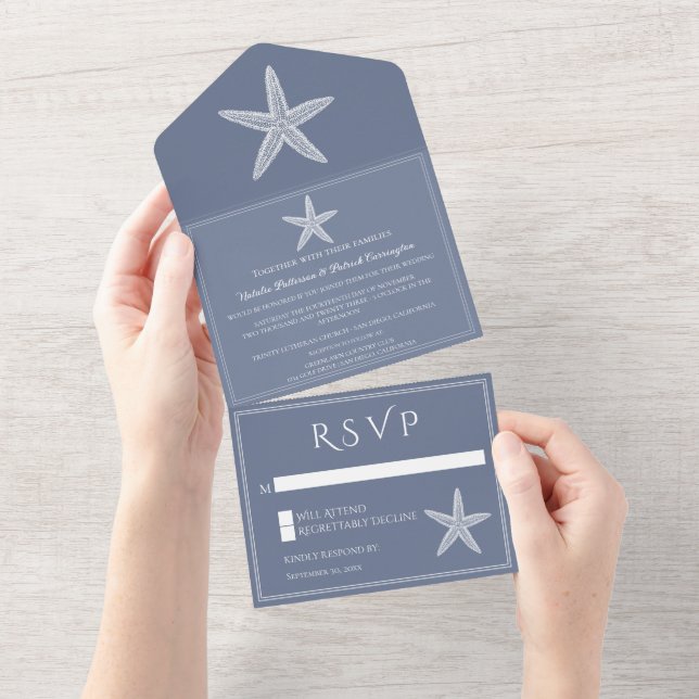 Invitation Tout En Un Mariage de poisson étoilé bleu Dusty (Déchirure)