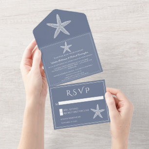 Invitation Tout En Un Mariage de poisson étoilé bleu Dusty