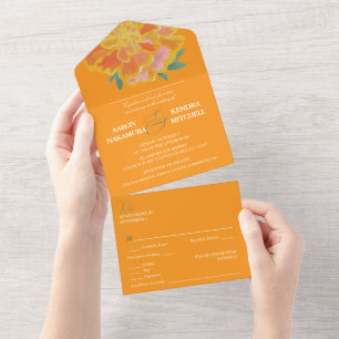 Invitation Tout En Un Mariage de printemps vibrant orange marigold