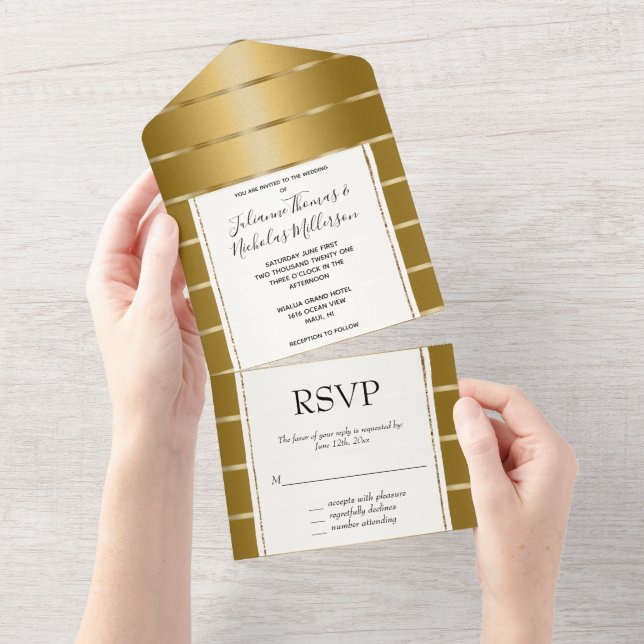 Invitation Tout En Un Mariage de ruban Or Chic (Déchirure)