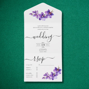 Invitation Tout En Un Mariage de script blanc et violet orchidée