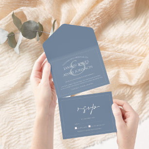 Invitation Tout En Un Mariage de script bleu poussiéreux minimal