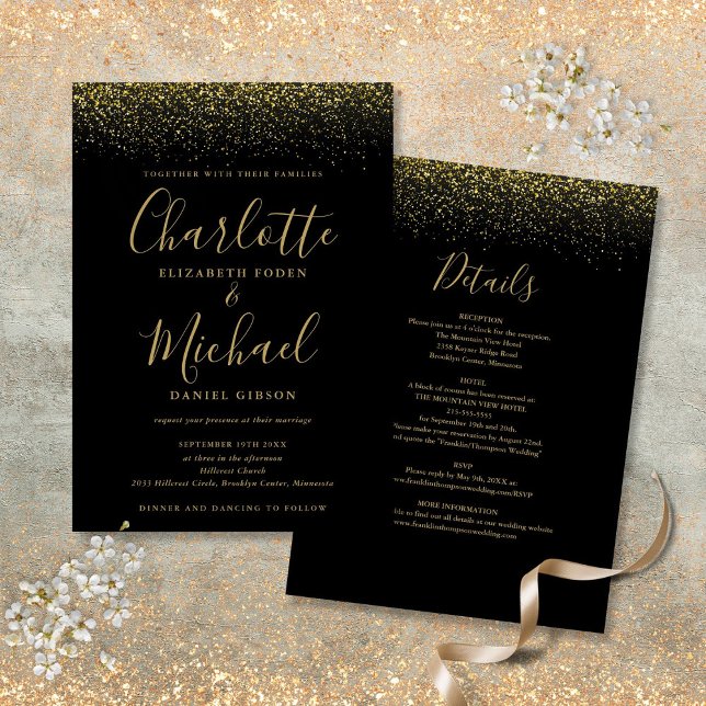 Invitation Tout en un Mariage de script de Parties scintillan (All In One Black And Gold Glitter Script Wedding Invitation)