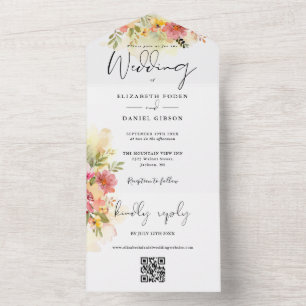Invitation Tout En Un Mariage de script Floral QR Code Watercolor