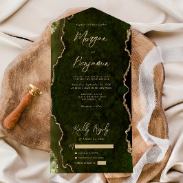 Invitation Tout En Un Mariage de script Gold Agate vert d'olive