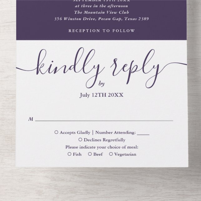 Invitation Tout En Un Mariage de script moderne Monogram Purple (Intérieur en bas)