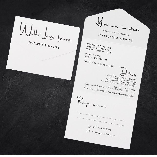 Invitation Tout En Un Mariage de script noir minimaliste moderne (Créateur téléchargé)