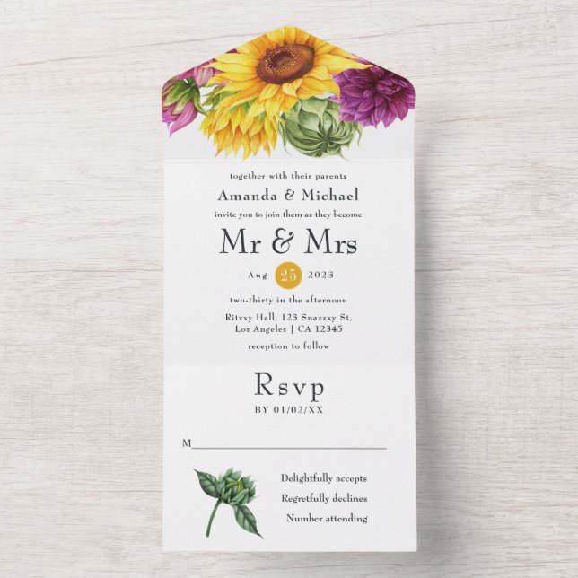 Invitation Tout En Un Mariage de tournesol rustique (À l'intérieur)