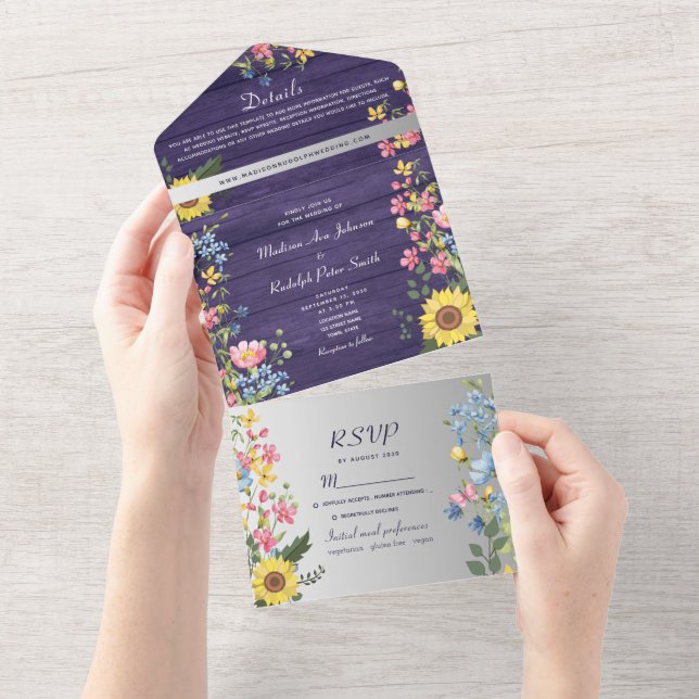 Invitation Tout En Un Mariage de tournesol rustique violet (Déchirure)