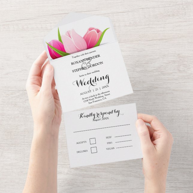 Invitation Tout En Un Mariage de tulipes violettes et roses (Déchirure)
