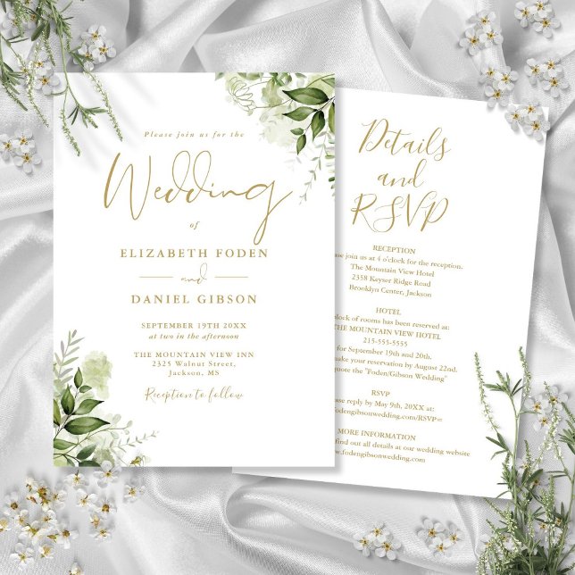Invitation Tout en un Mariage de verdure or (All In One Gold Greenery Floral Wedding Invitation)