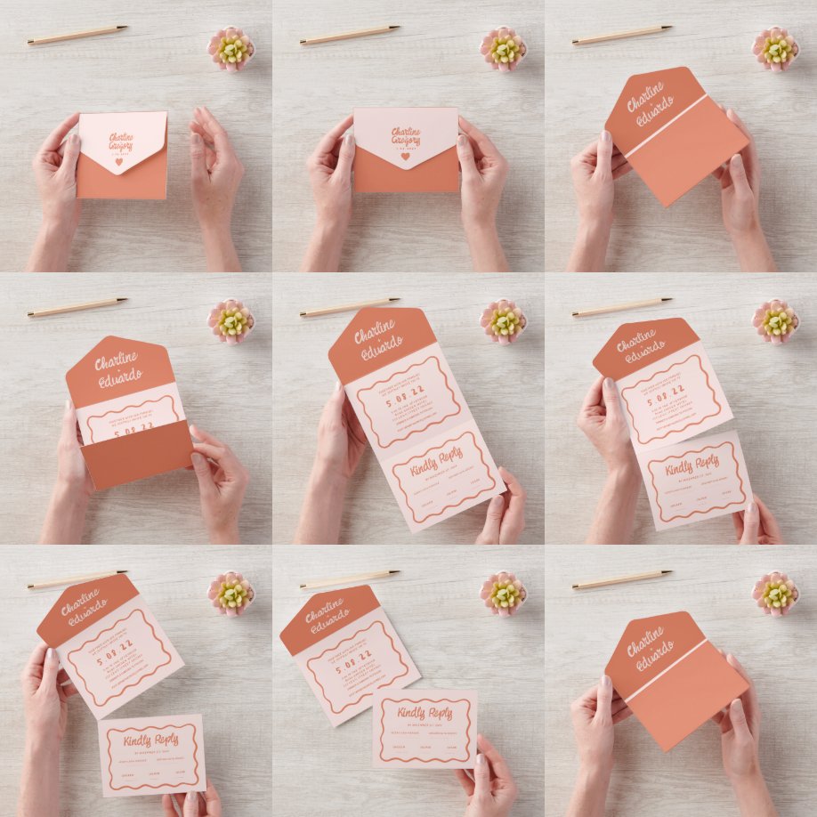 Invitation Tout En Un Mariage d'écriture manuscrite rose et rouge Wavy R