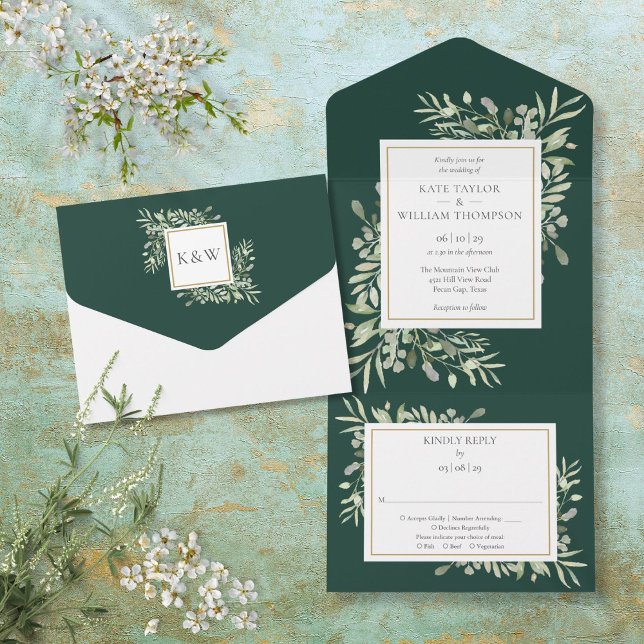 Invitation Tout En Un Mariage d'émeraude Feuille de verdure botanique (Botanical Greenery Leaves Emerald Wedding All In One Invitation)