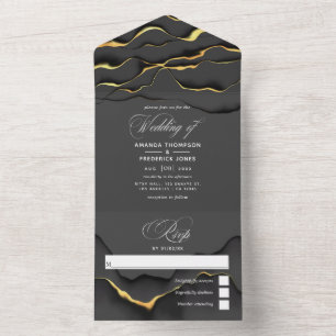 Invitation Tout En Un Mariage d'encre noir et or tout en un