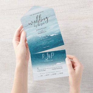 Invitation Tout En Un Mariage d'été au bord de la mer bleue ondulée ombr