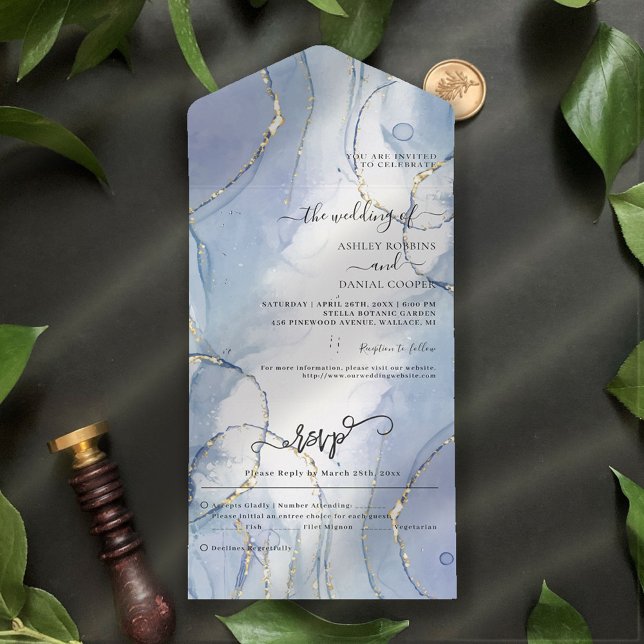 Invitation Tout En Un Mariage d'été Blue Gold (Créateur téléchargé)