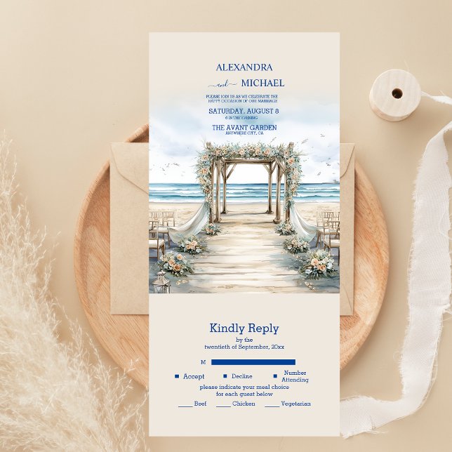 Invitation Tout En Un Mariage d'été romantique à l'aquarelle sur l'océan (Créateur téléchargé)