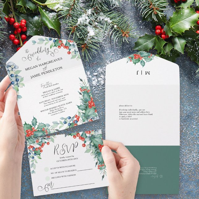 Invitation Tout En Un Mariage d'hiver Aquarelle Holly et Berries (All in One Christmas Wedding Invitation with holly berries and tear off RSVP)