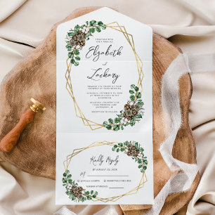 Invitation Tout En Un Mariage d'hiver Aquarelle Verdure Script