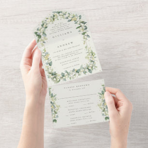 Invitation Tout En Un Mariage d'hiver élégant Crème et Chèvrefeuille+Euc