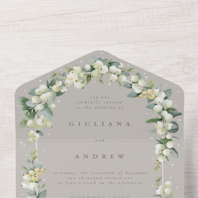 Invitation Tout En Un Mariage d'hiver Greige/Taupe Snowberry+Eucalyptus (À l'intérieur du haut)