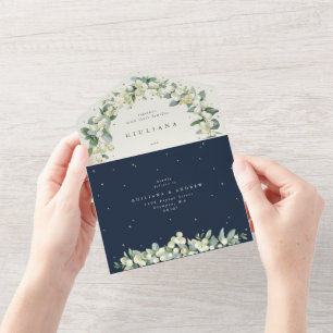 Invitation Tout En Un Mariage d'hiver Marine/Crème Snowberry+Eucalyptus