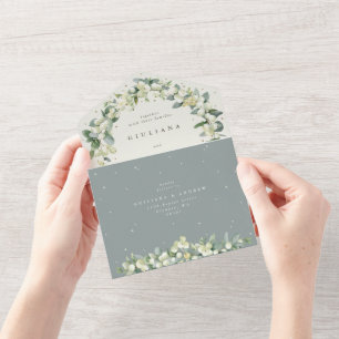 Invitation Tout En Un Mariage d'hiver Seafoam/Crème Snowberry+Eucalyptus