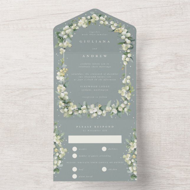 Invitation Tout En Un Mariage d'hiver Seafoam Green Snowberry+Eucalyptus (À l'intérieur)