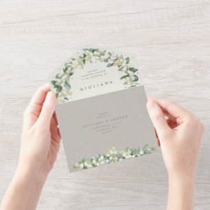 Invitation Tout En Un Mariage d'hiver Taupe/Crème Snowberry+Eucalyptus