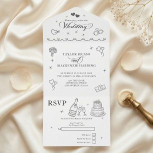 Invitation Tout En Un Mariage Doodles Fantaisistes Gris et Blanc