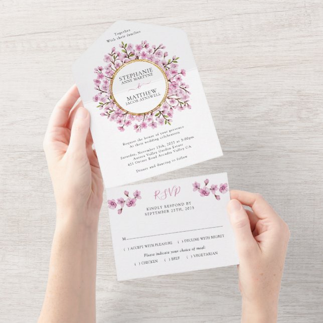 Invitation Tout En Un Mariage d'or fleuri rose (Déchirure)