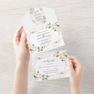 Invitation Tout En Un Mariage d'or Magnolia rose blanc