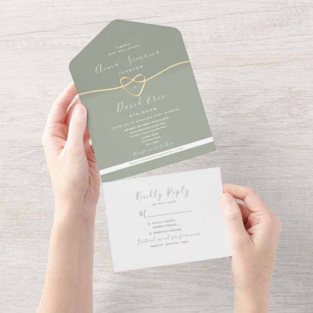 Invitation Tout En Un Mariage d'or moderne Sage Green (Déchirure)