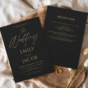 Invitation Tout en un Mariage d'or noir élégant Script