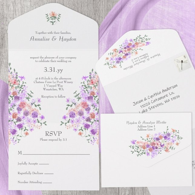 Invitation Tout En Un Mariage du bouquet Lilac & Peach Rose (lilac & peach all-in-one floral wedding invitations, rose vines springtime summer, purple, lavender)