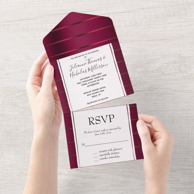 Invitation Tout En Un Mariage du ruban rouge de Bourgogne (Déchirure)