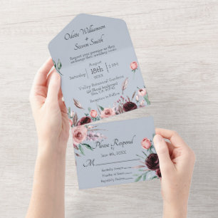 Invitation Tout En Un Mariage Dusty Blue et floral aquarelle rose