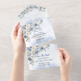 Invitation Tout En Un Mariage Dusty Blue Watercolor Fleurs d'ivoire Feui