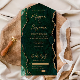 Invitation Tout En Un Mariage Écriture Or Agate Vert Émeraude