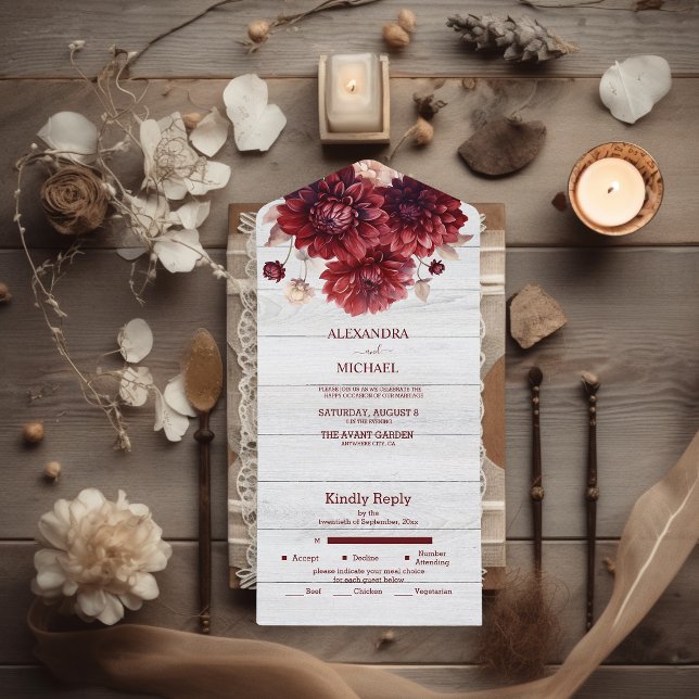 Invitation Tout En Un Mariage élégant à l'aquarelle avec dahlia bordeaux (Créateur téléchargé)